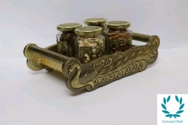 VNS Tray and Jar Peacock Tray wooden 4 Glass Jar) 